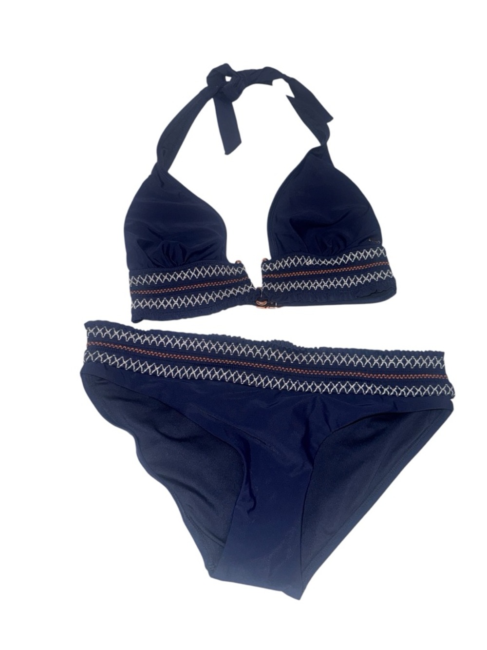 Navy Halter Bikini Set with Embroidered Trim